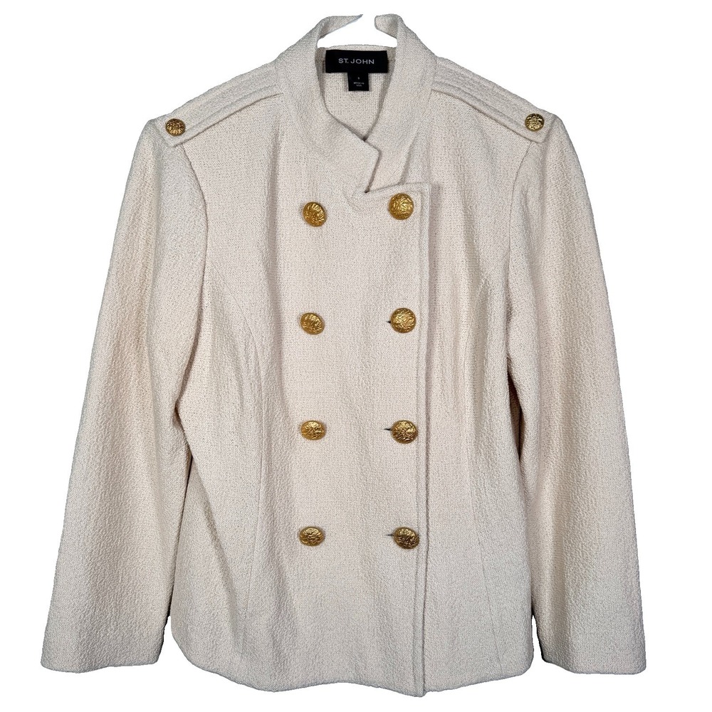 St John Jacket Womens 8 Ivory Knit Military Double Breasted Gold Buttons USA